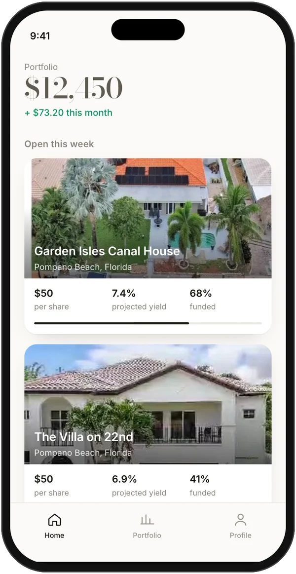 Megalo version 3 on a phone: a portfolio and two homes open for investment
