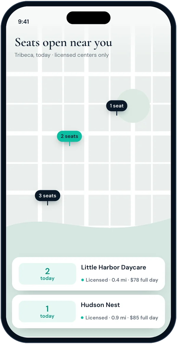 NestDrop version 3 on a phone: a map of licensed daycares with seats open today